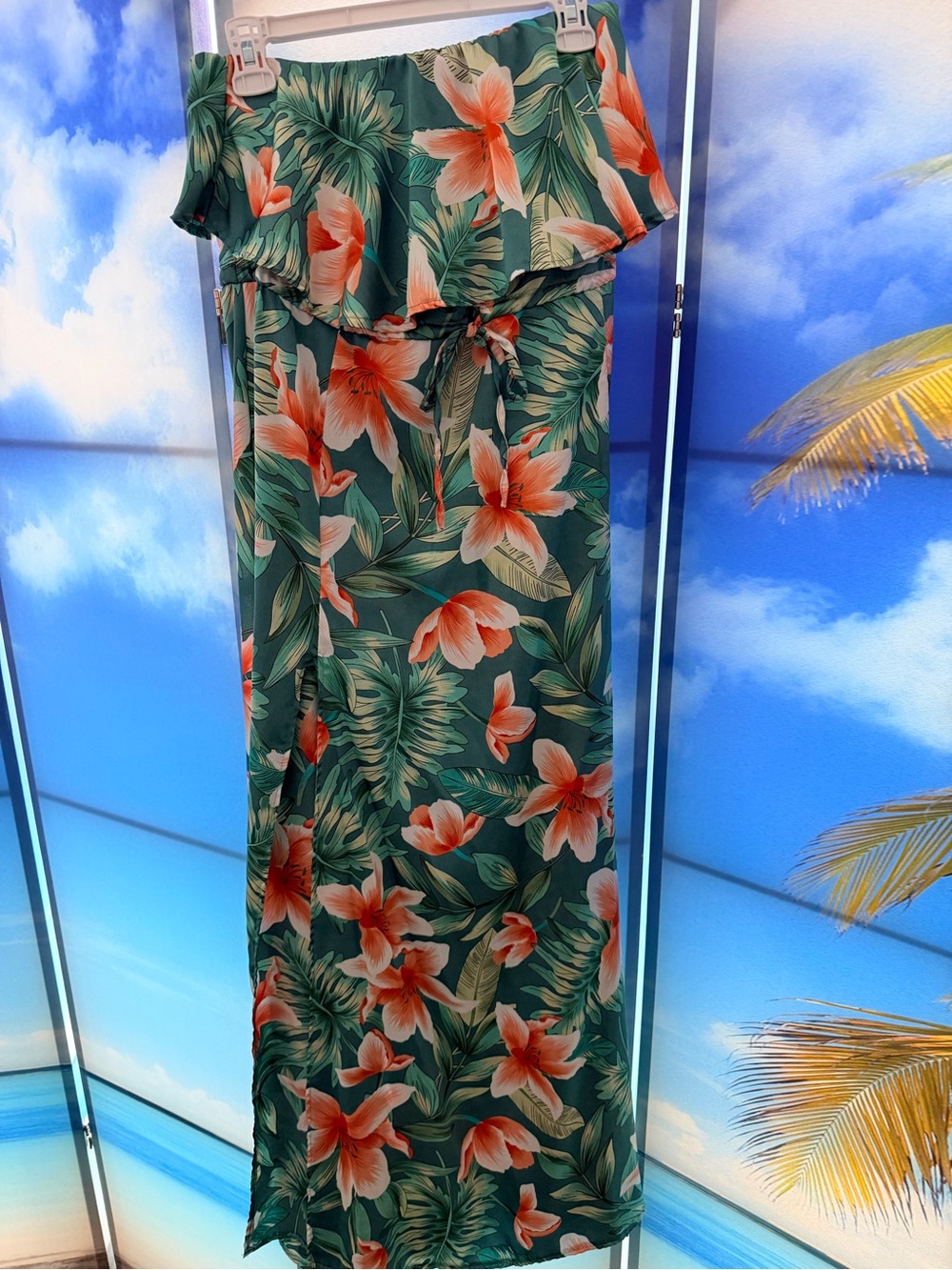 Off-Shoulder Tropical Floral Maxi Dress in Teal and Coral